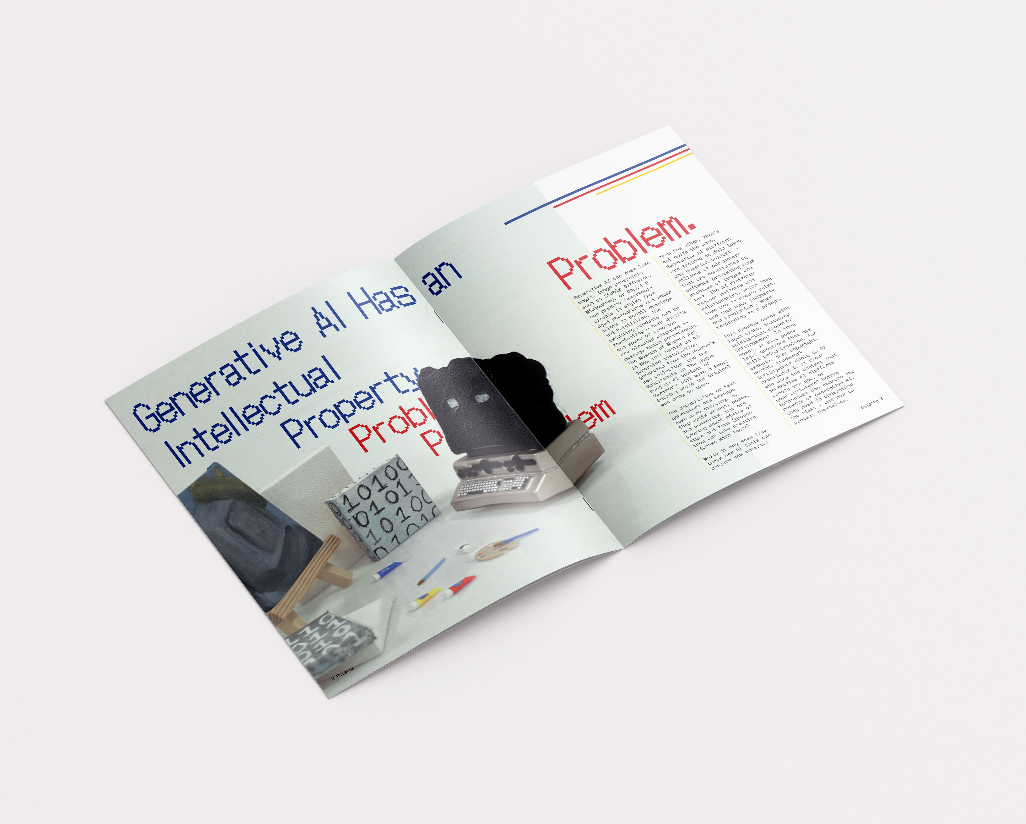 AI editorial spread with computer wearing ski mask